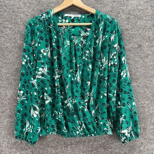 Collective Concept Blouse Women M Medium Green Geometric V-Neck Long Sleeve